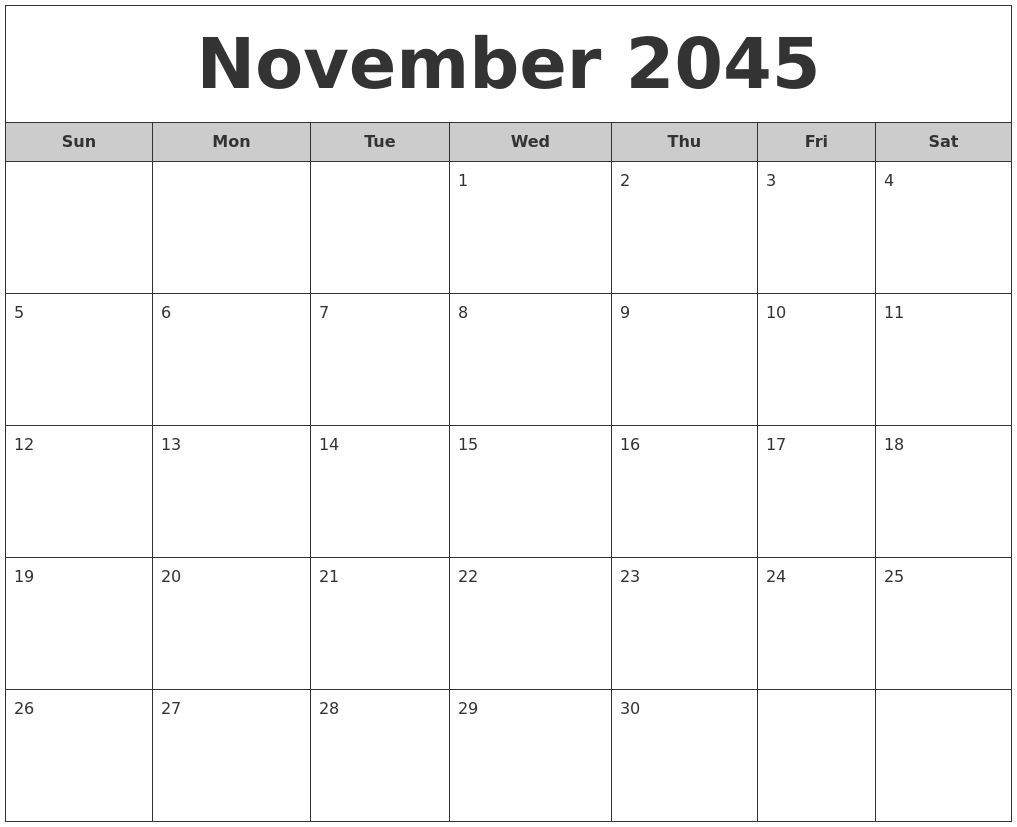 November 2045 Free Monthly Calendar