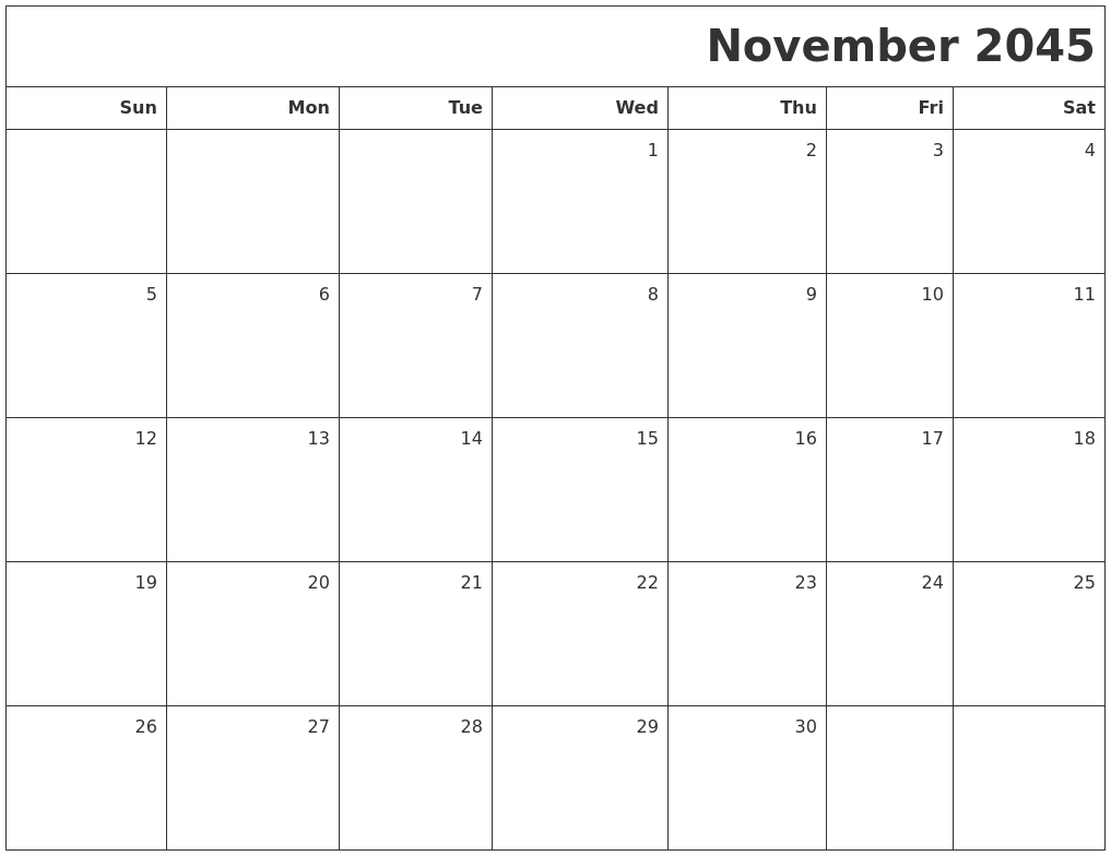 November 2045 Printable Blank Calendar