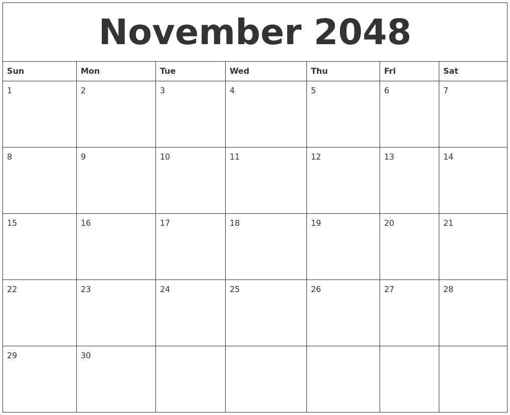 November 2048 Blank Monthly Calendar Pdf