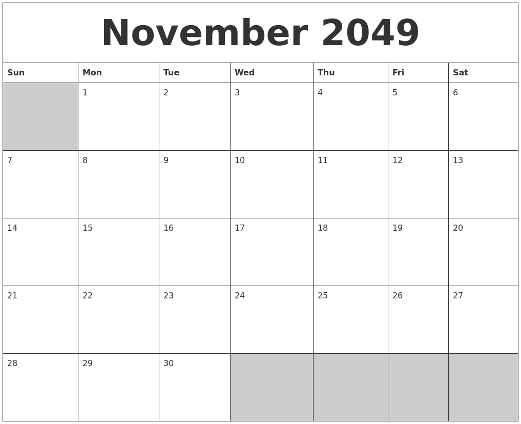 November 2049 Blank Printable Calendar