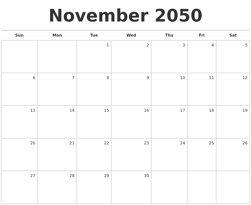 November 2050 Blank Monthly Calendar