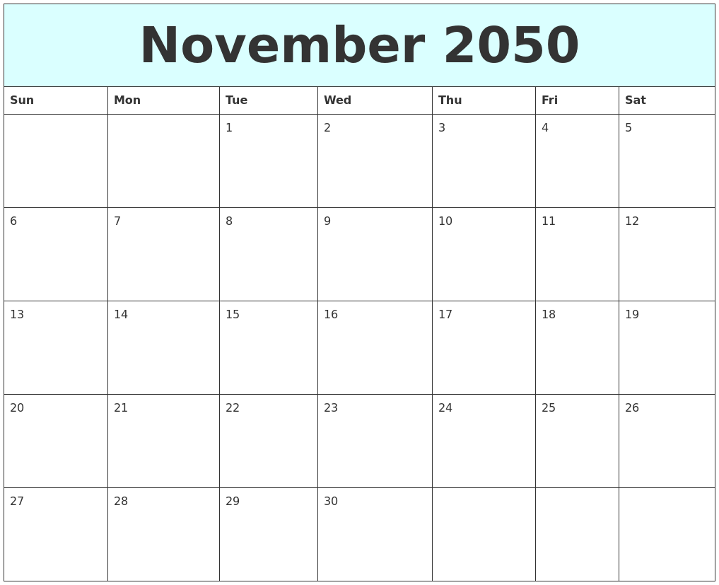 November 2050 Free Calendar