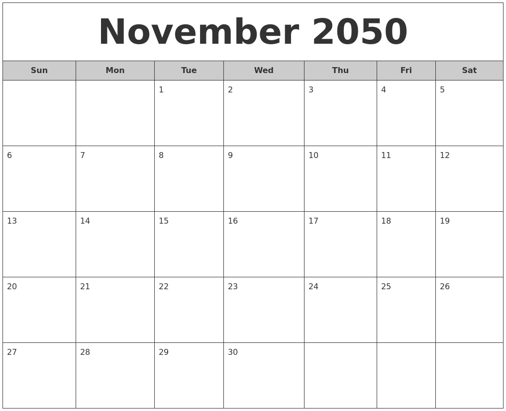 November 2050 Free Monthly Calendar