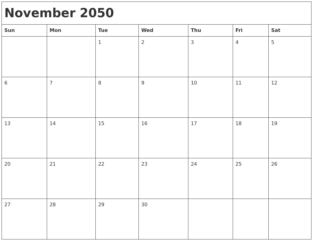 November 2050 Month Calendar