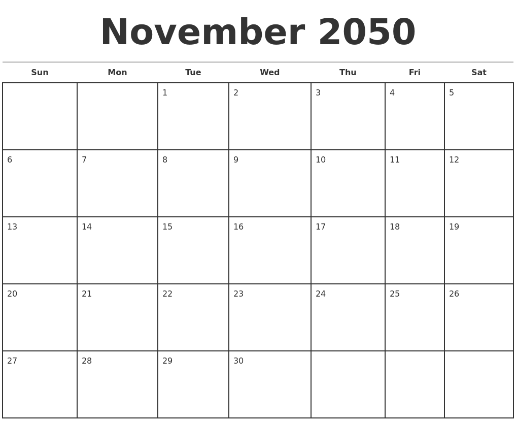 November 2050 Monthly Calendar Template