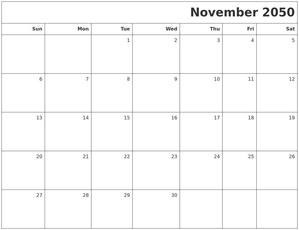 November 2050 Printable Blank Calendar