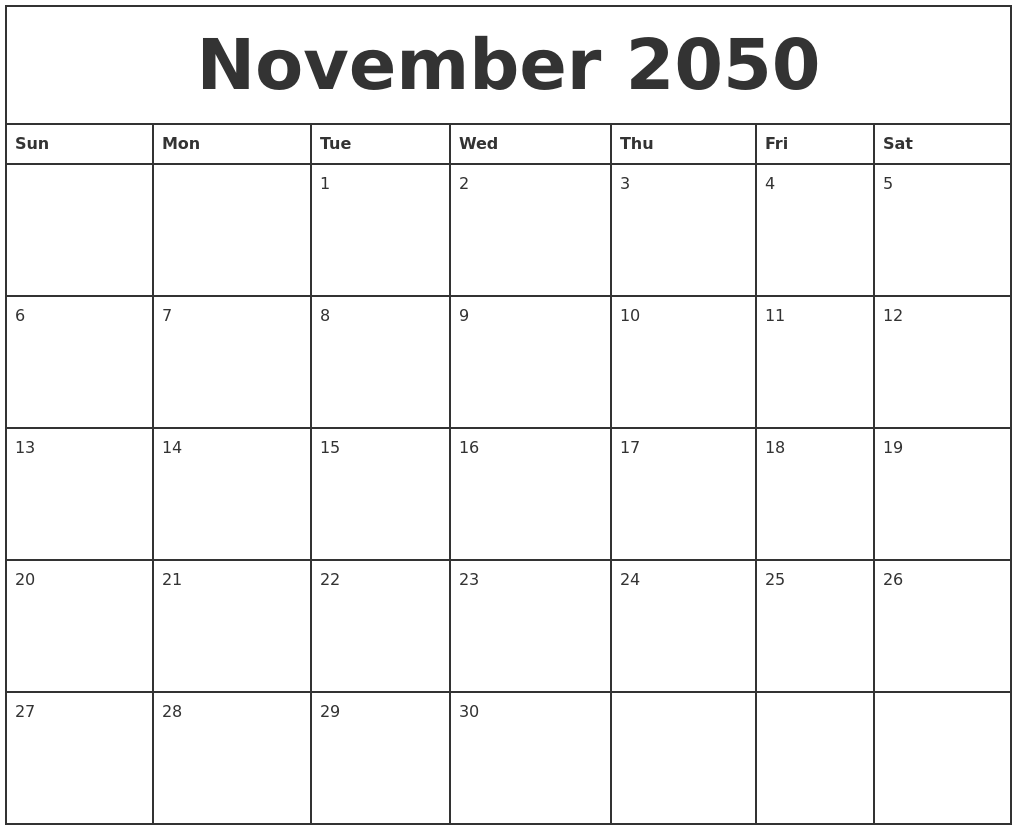 November 2050 Printable Monthly Calendar