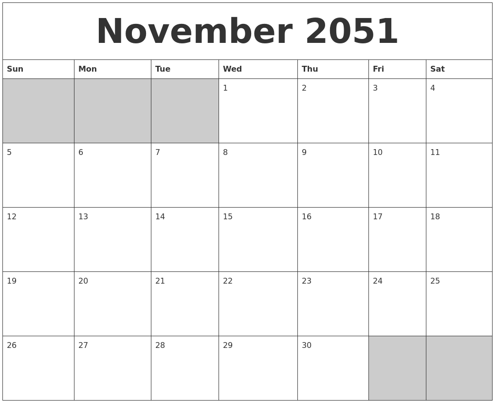 November 2051 Blank Printable Calendar