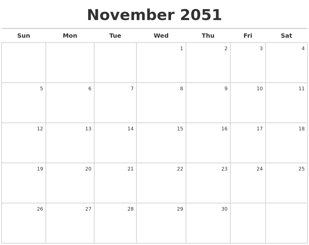 November 2051 Calendar Maker