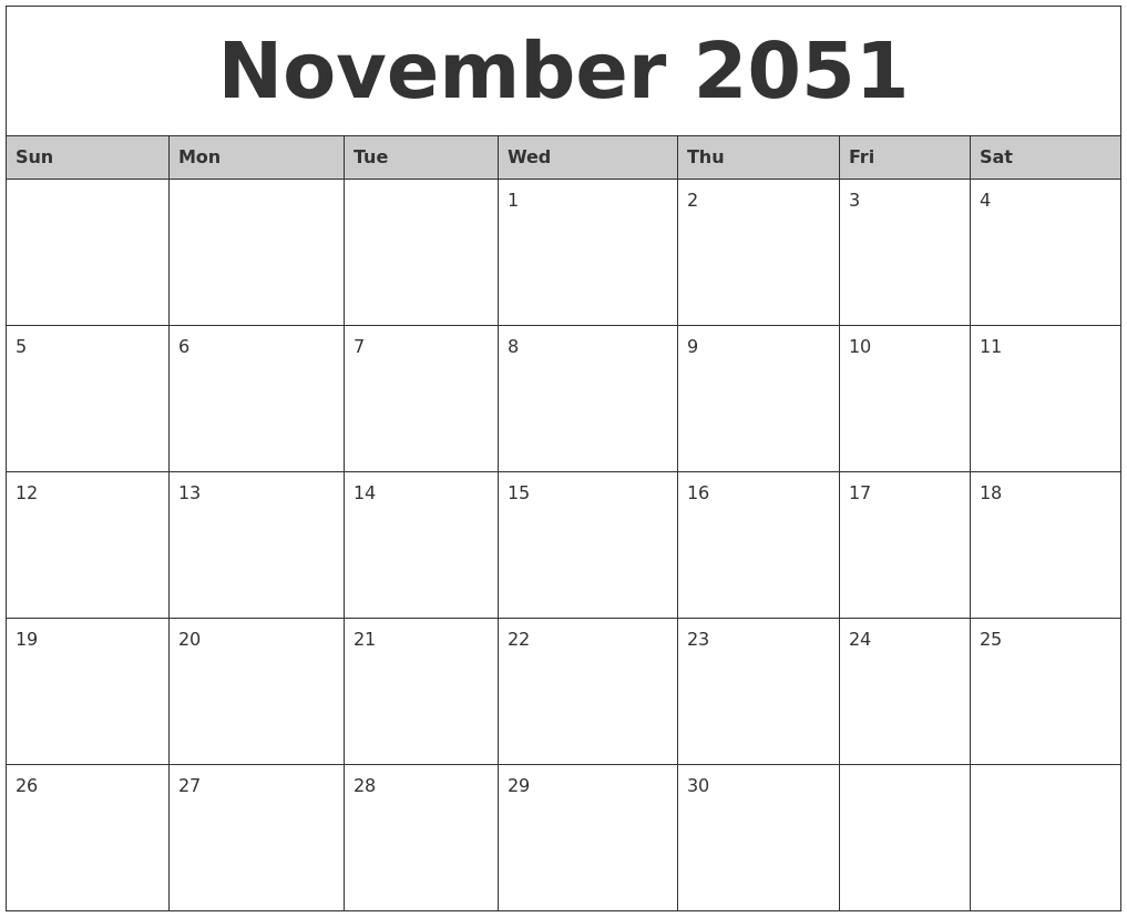 November 2051 Monthly Calendar Printable