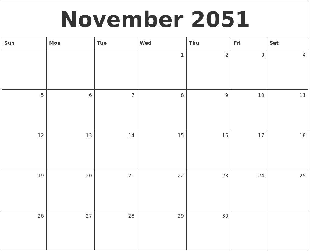 November 2051 Monthly Calendar