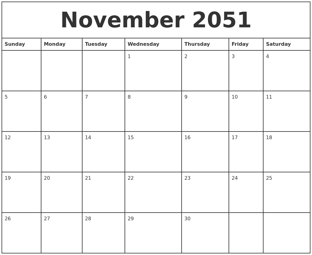 November 2051 Printable Monthly Calendar