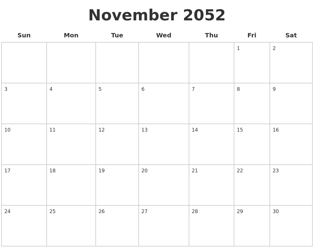 November 2052 Blank Calendar Pages