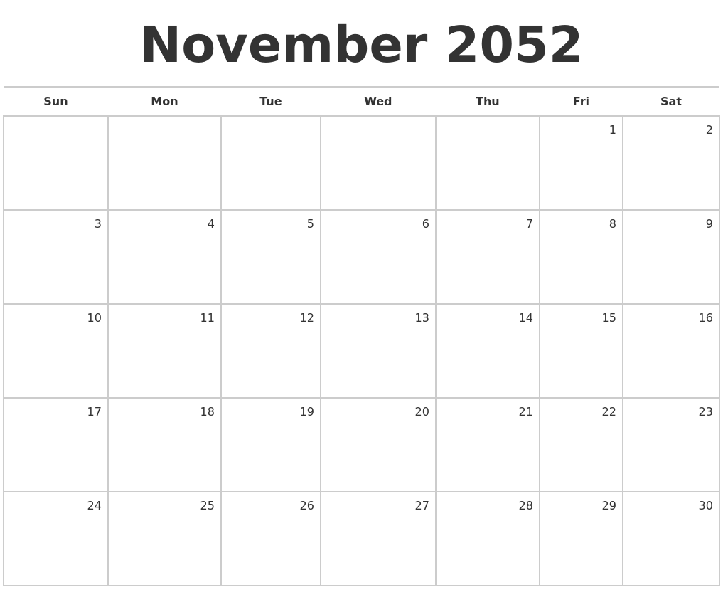 November 2052 Blank Monthly Calendar