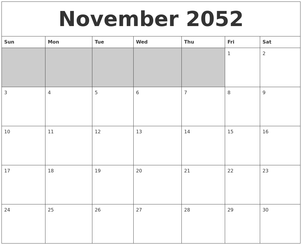 November 2052 Blank Printable Calendar