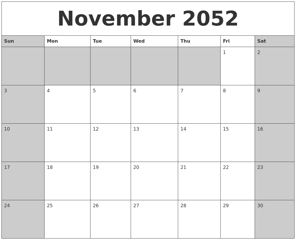 November 2052 Calanders