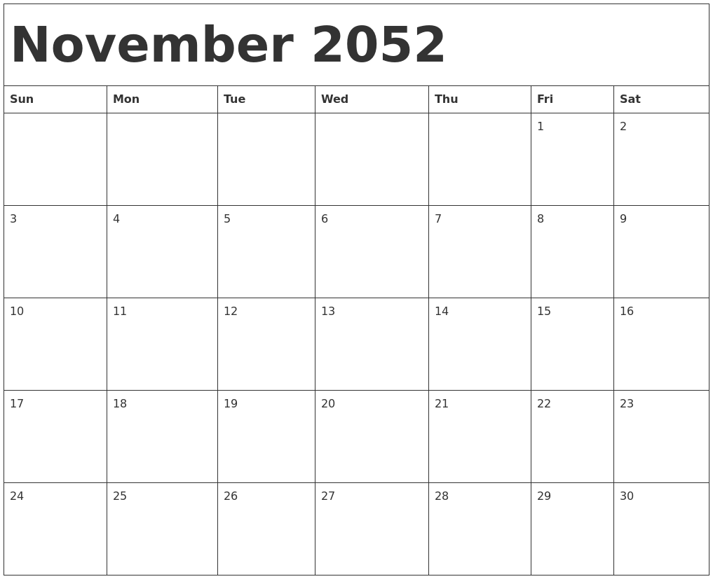 November 2052 Calendar Template