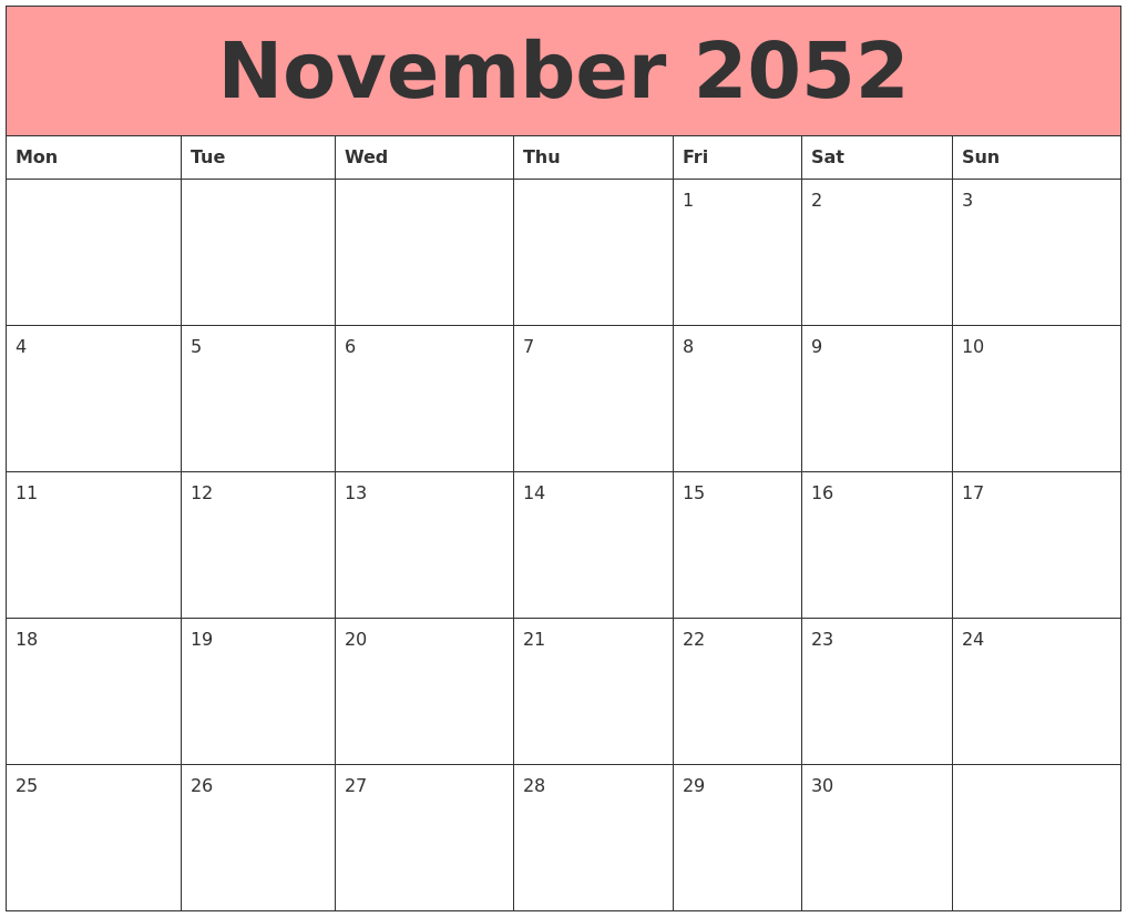November 2052 Calendars That Work