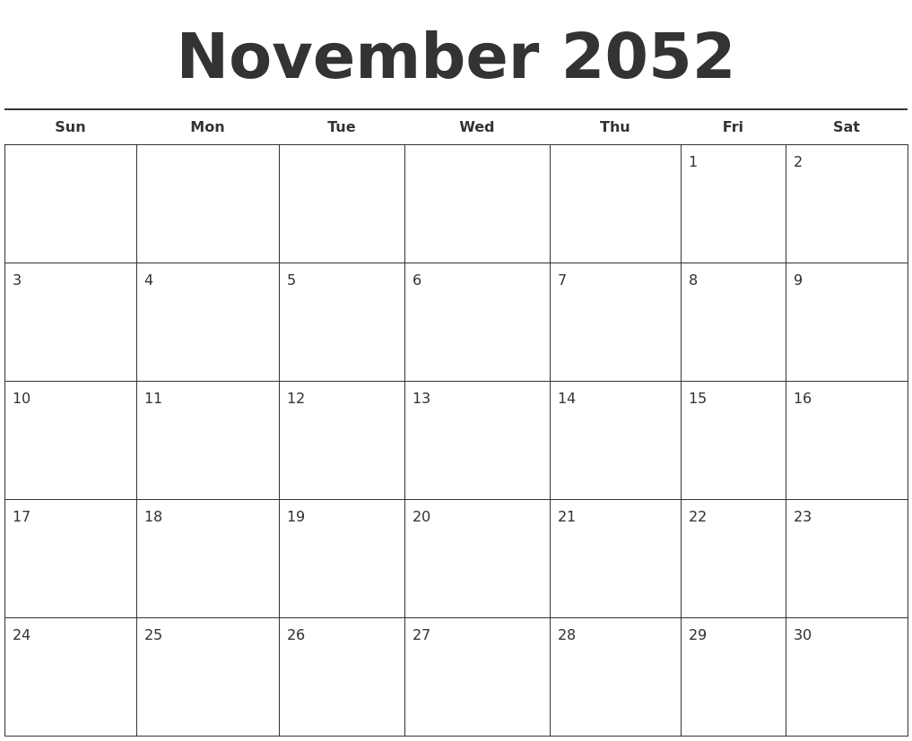 November 2052 Free Calendar Template