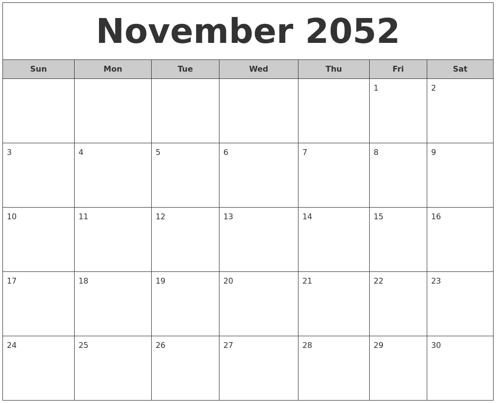 November 2052 Free Monthly Calendar