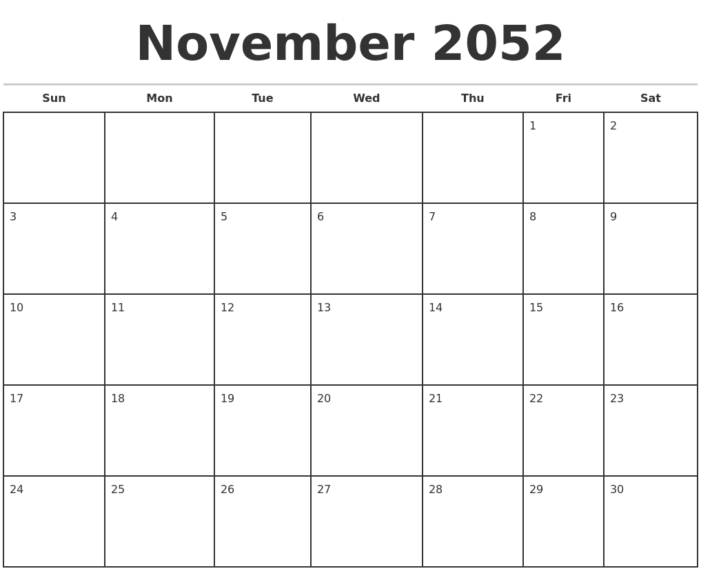 November 2052 Monthly Calendar Template