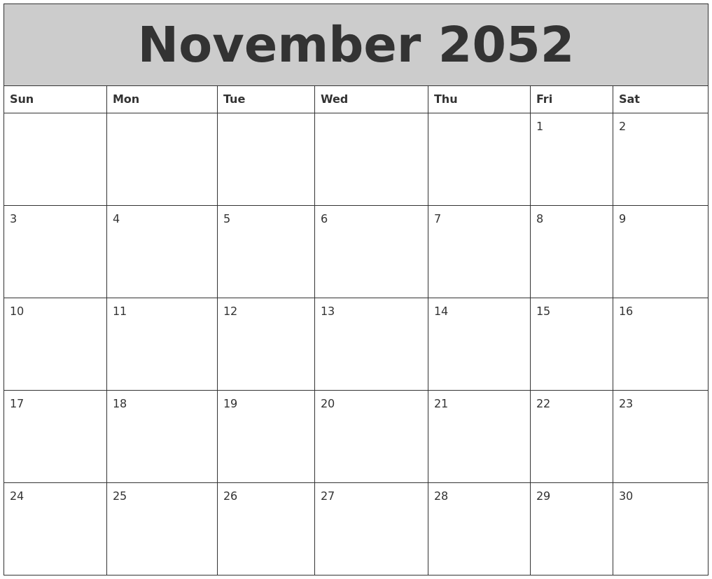 November 2052 My Calendar