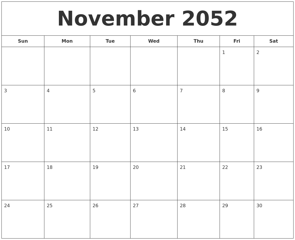 November 2052 Printable Calendar