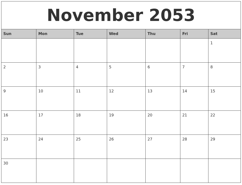 November 2053 Monthly Calendar Printable