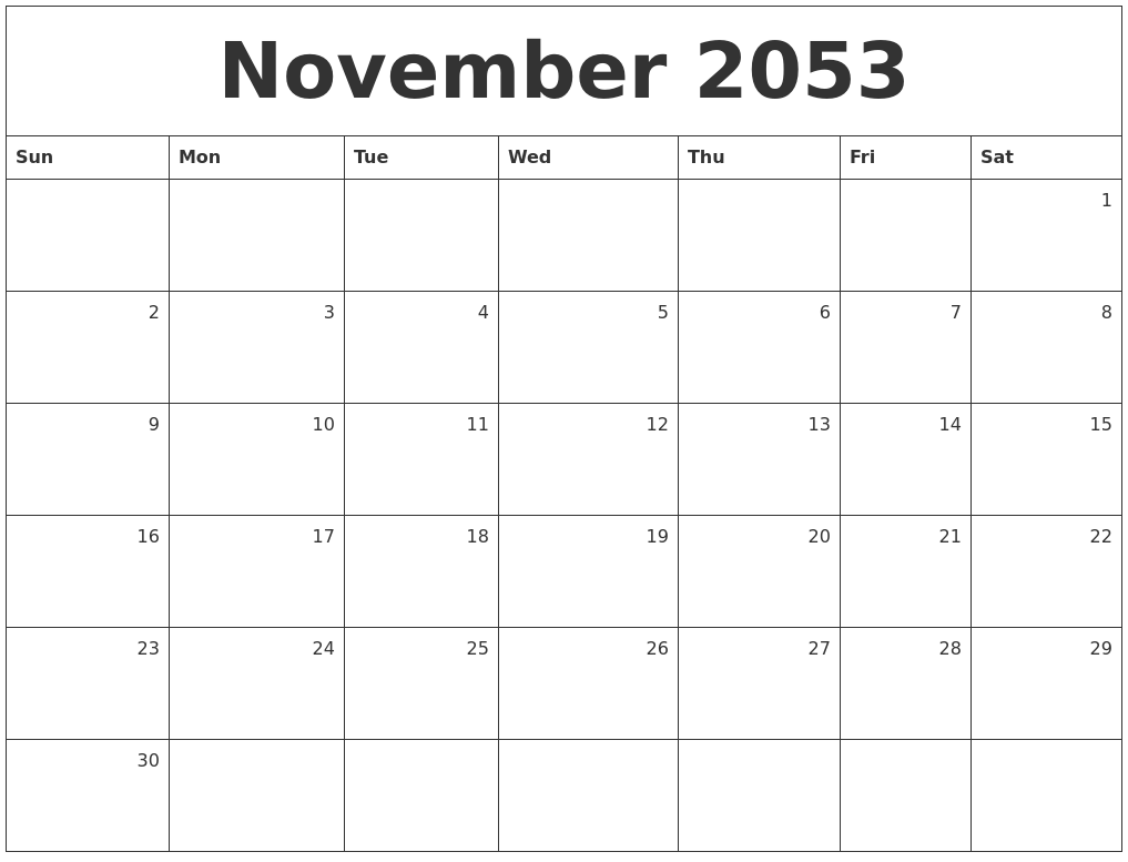 November 2053 Monthly Calendar