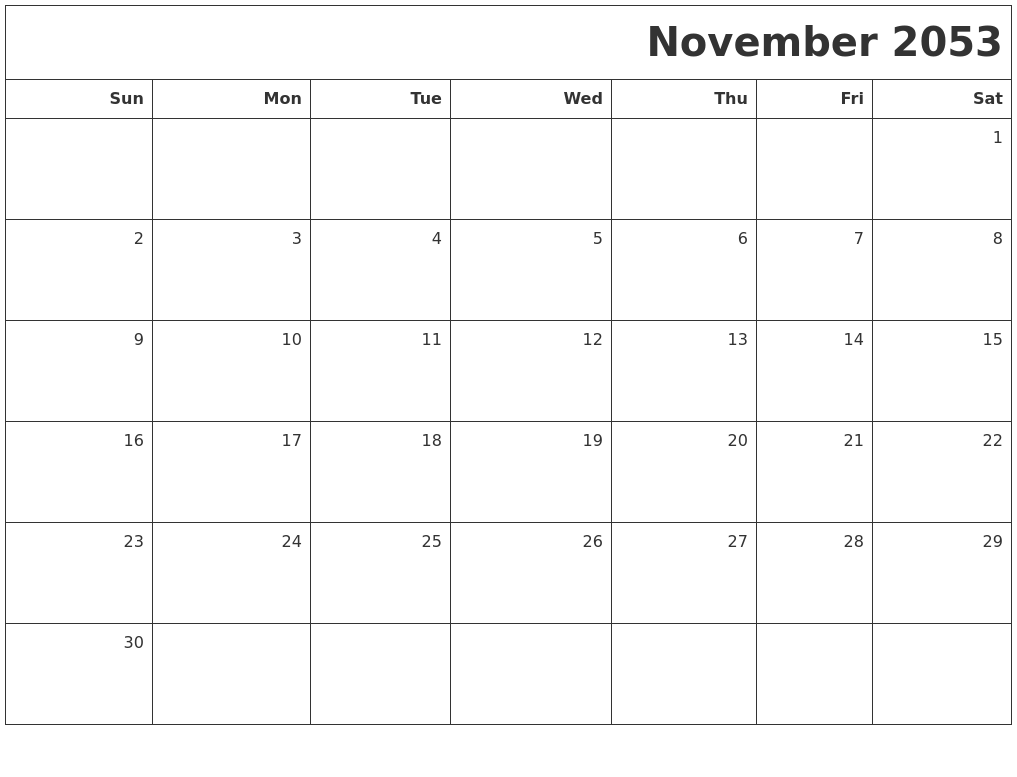 November 2053 Printable Blank Calendar