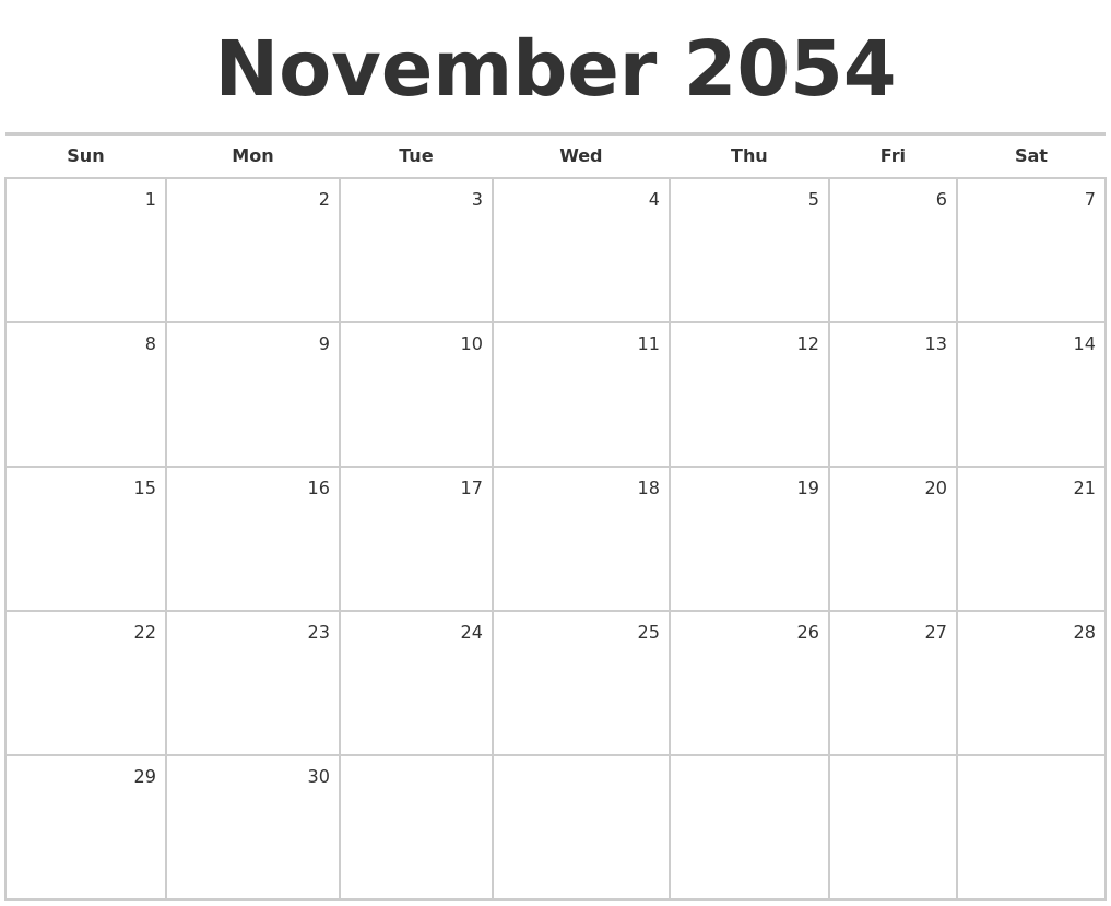 November 2054 Blank Monthly Calendar