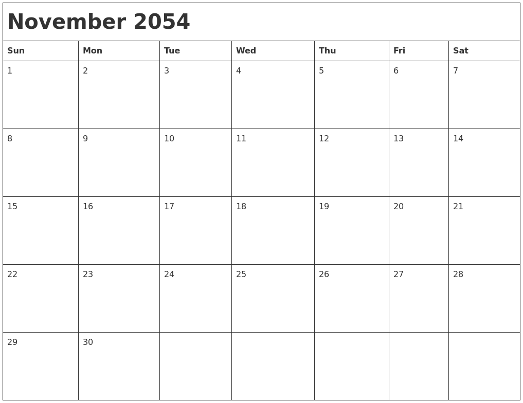 November 2054 Month Calendar