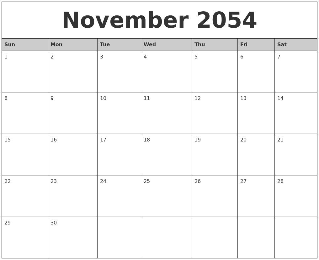 November 2054 Monthly Calendar Printable