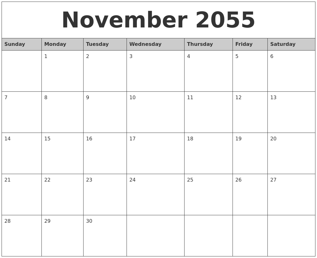 November 2055 Monthly Calendar Printable