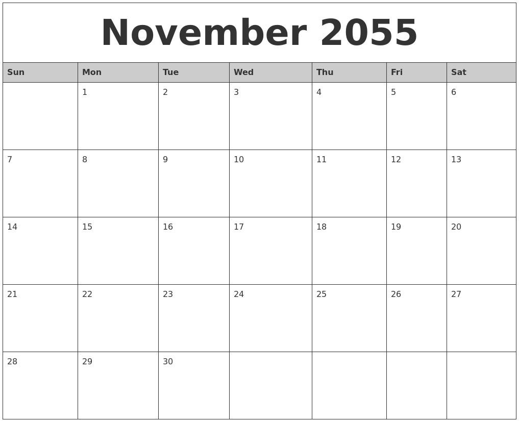 November 2055 Monthly Calendar Printable