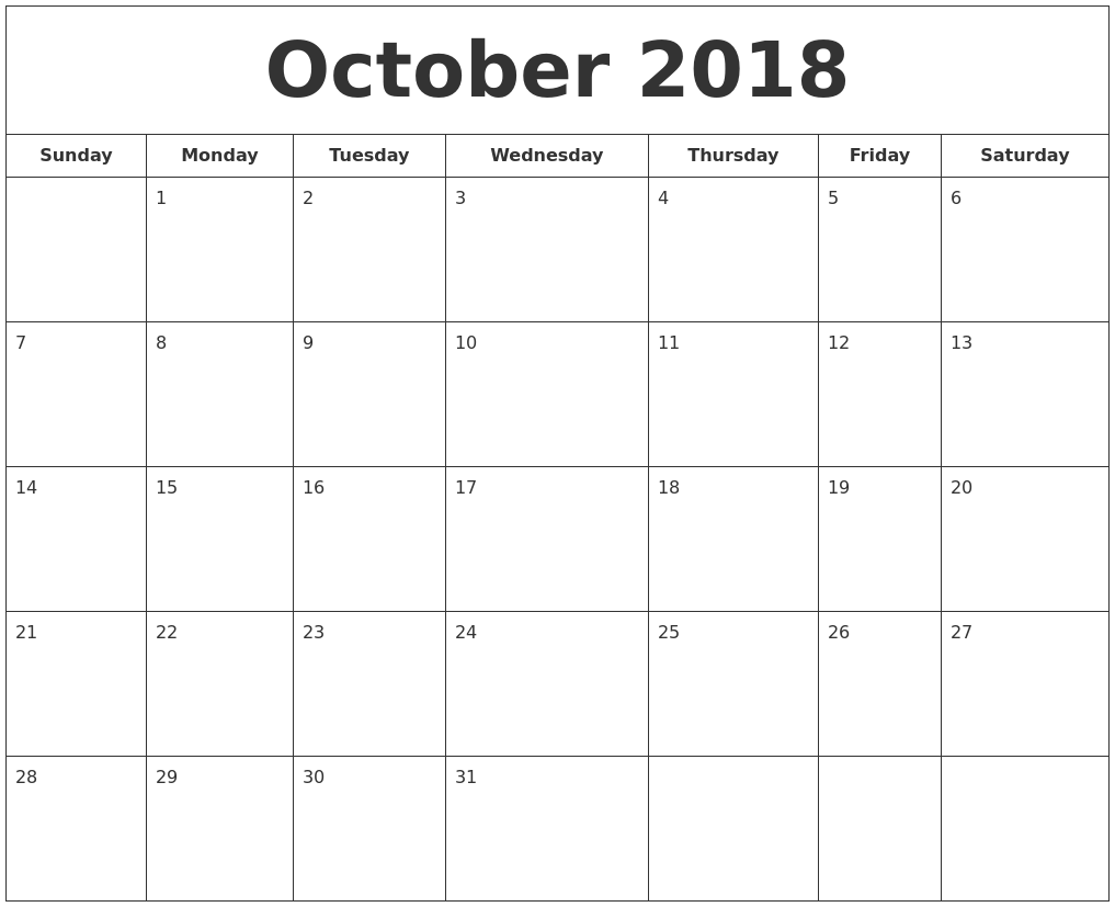 October 2018 Printable Calendar