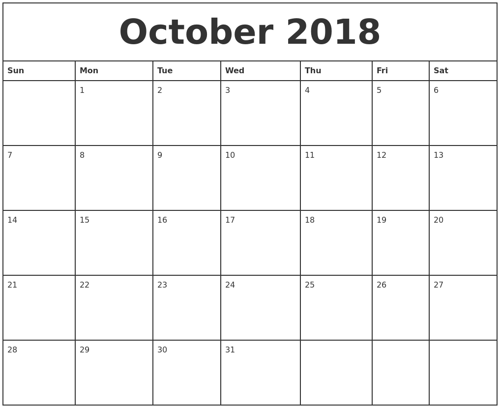 October 2018 Printable Monthly Calendar