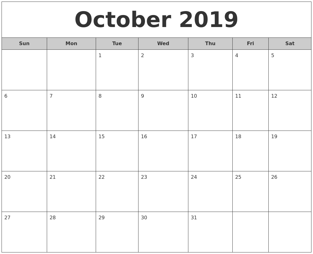 October 2019 Free Monthly Calendar