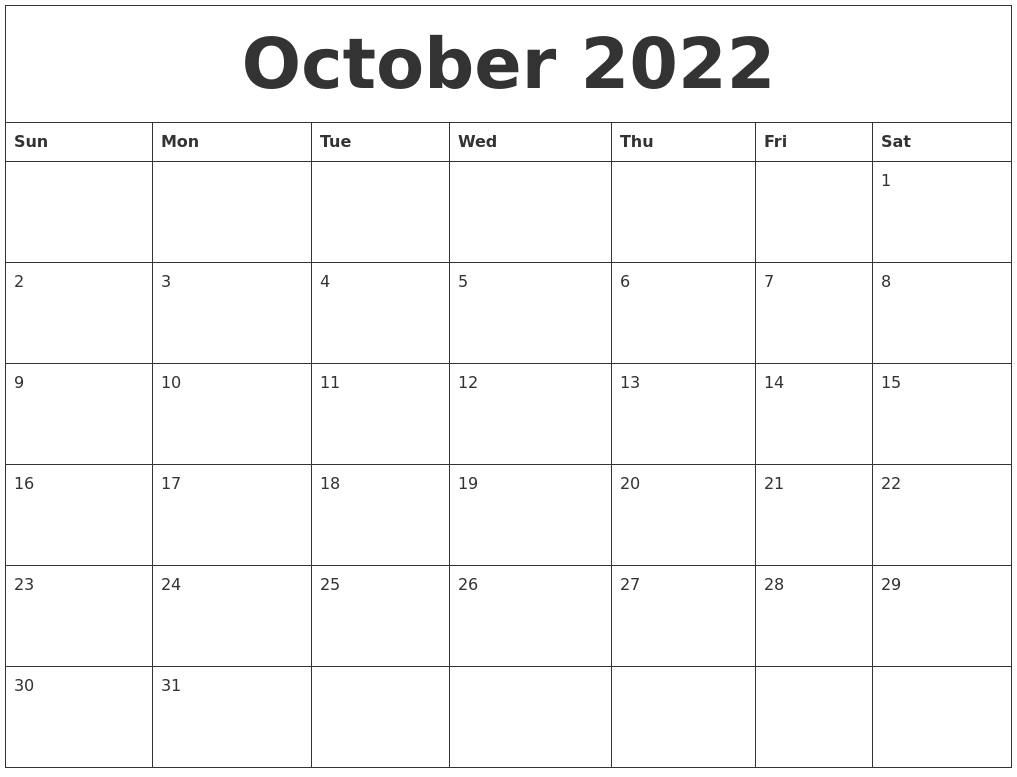 October 2022 Large Printable Calendar