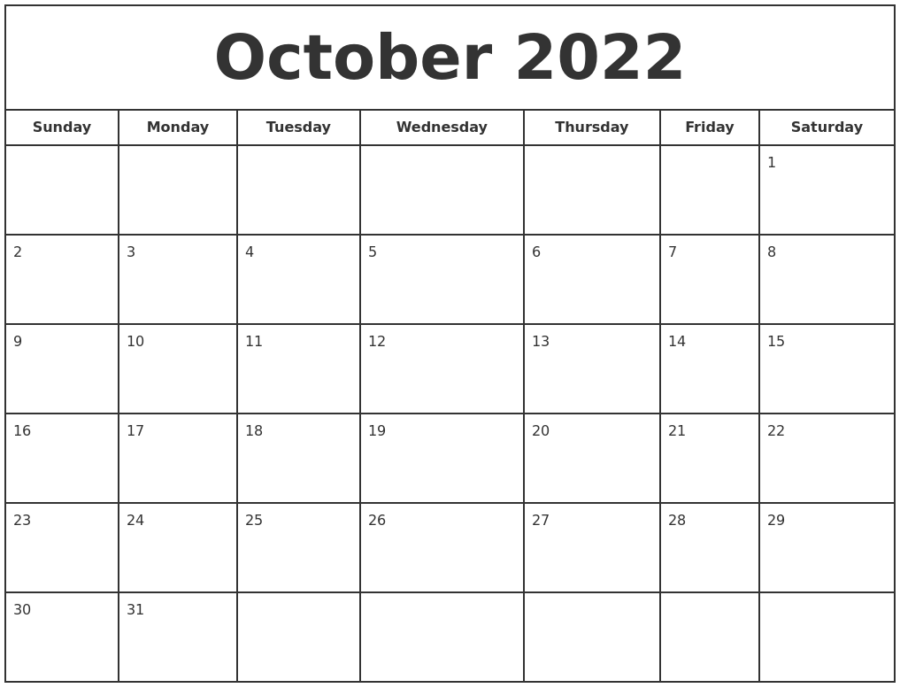 October 2022 Print Free Calendar