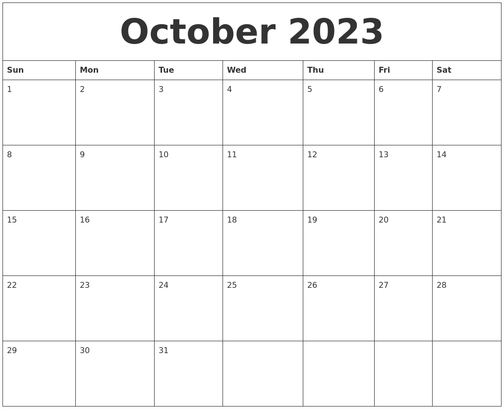 October 2023 Blank Monthly Calendar Pdf
