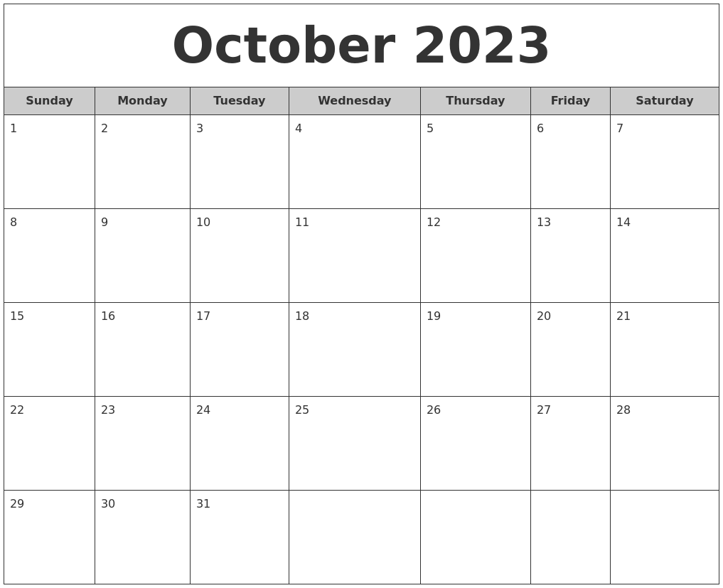 October 2023 Free Monthly Calendar