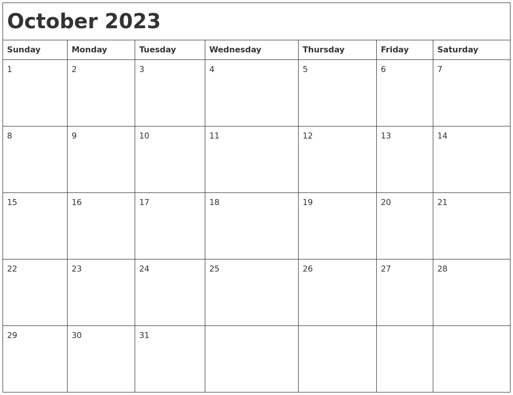 October 2023 Month Calendar