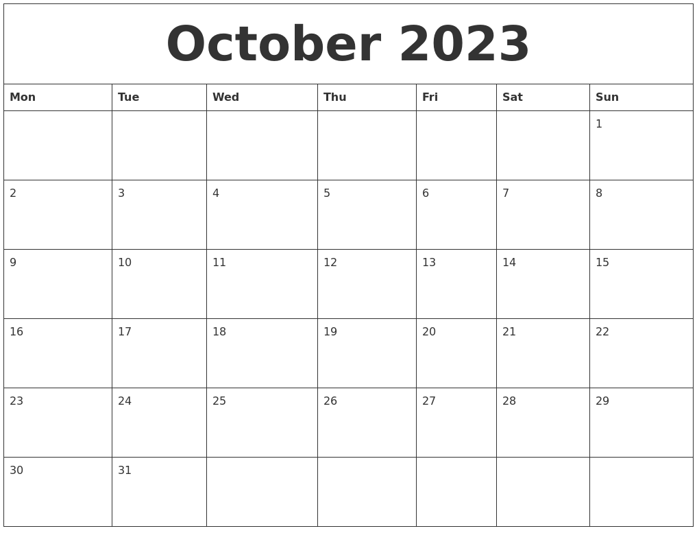 Blank October 2023 Calendar To Print Pdf Free