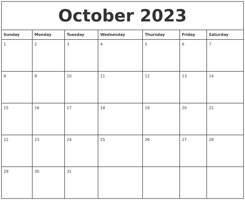Blank October 2023 Calendar Printable Free Pdf