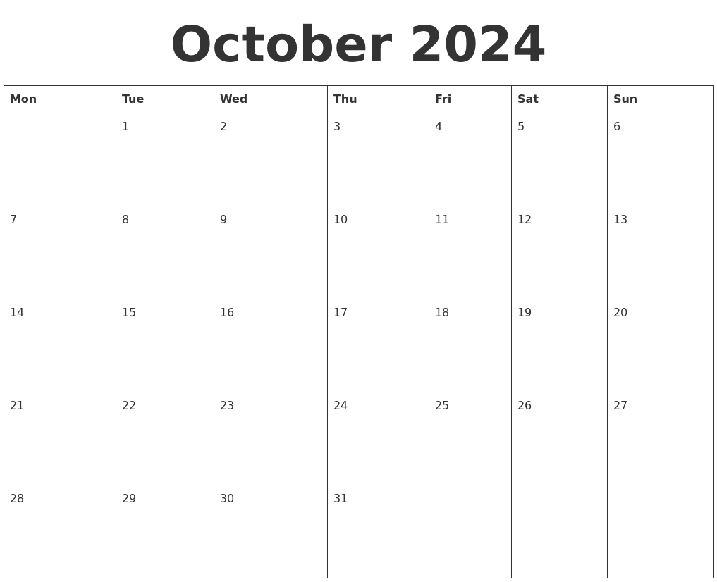 Blank October 2024 Calendar Printable Pdf
