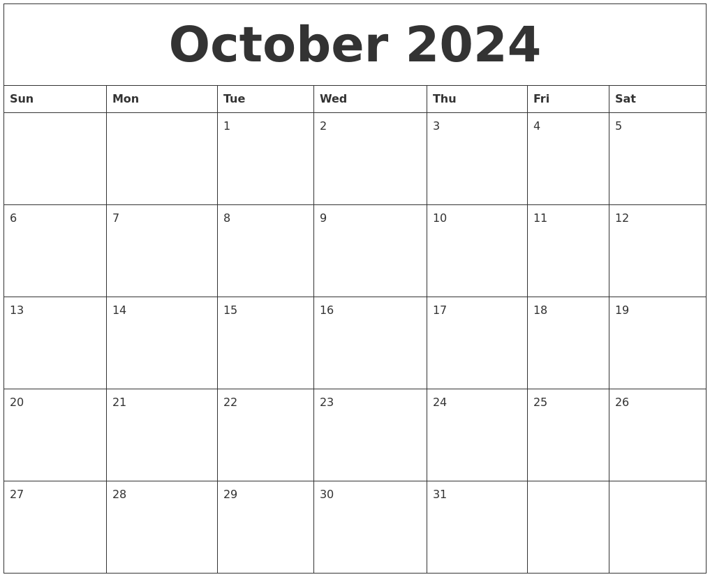 October 2024 Blank Monthly Calendar Pdf