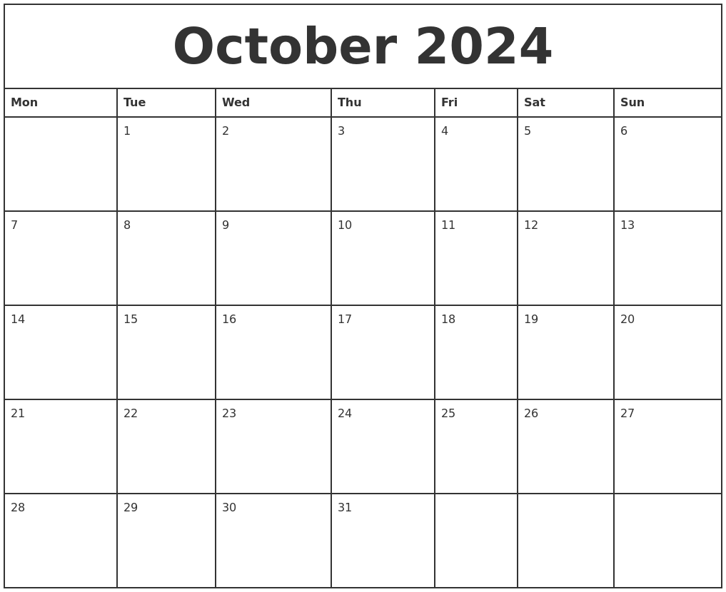 Printable Monthly Calendar October 2024 Cati Mattie
