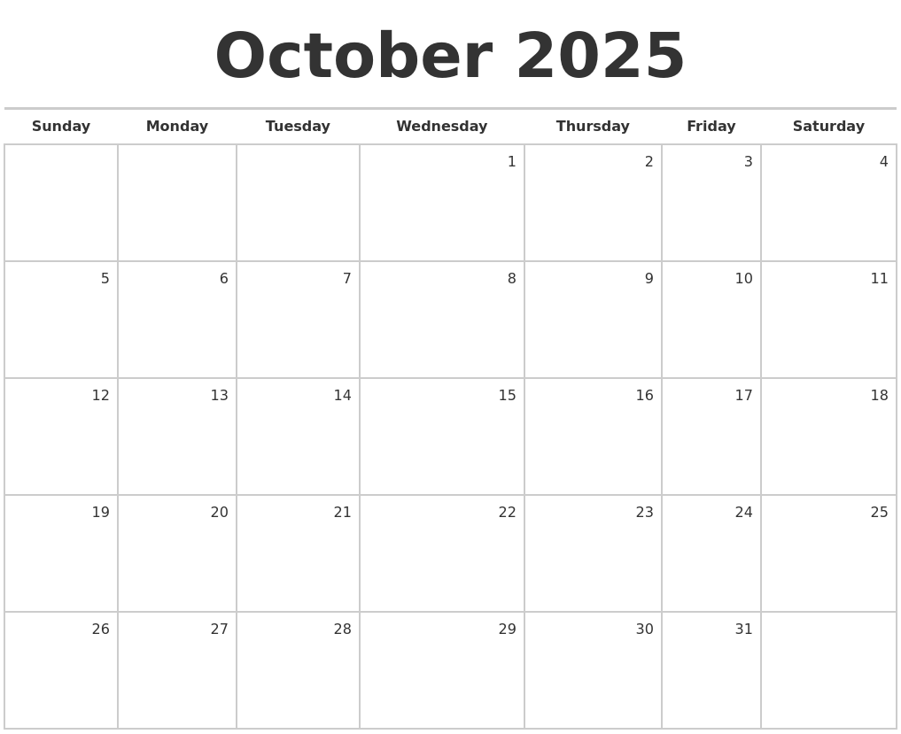 Calendar 2025 Free Printable Monthly October 