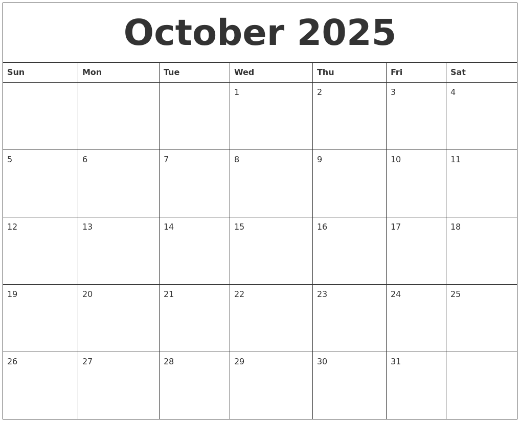 October 2025 Blank Monthly Calendar Pdf